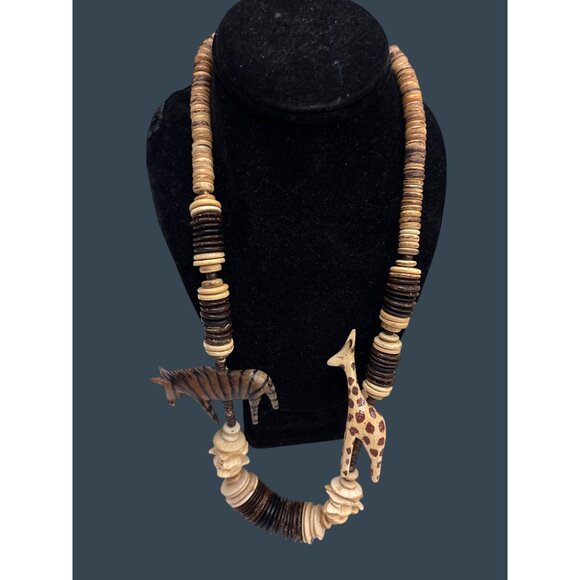 Handmade Wooden Beaded Necklace With Carved Giraffe & Zebra Pendants - Picture 2 of 15